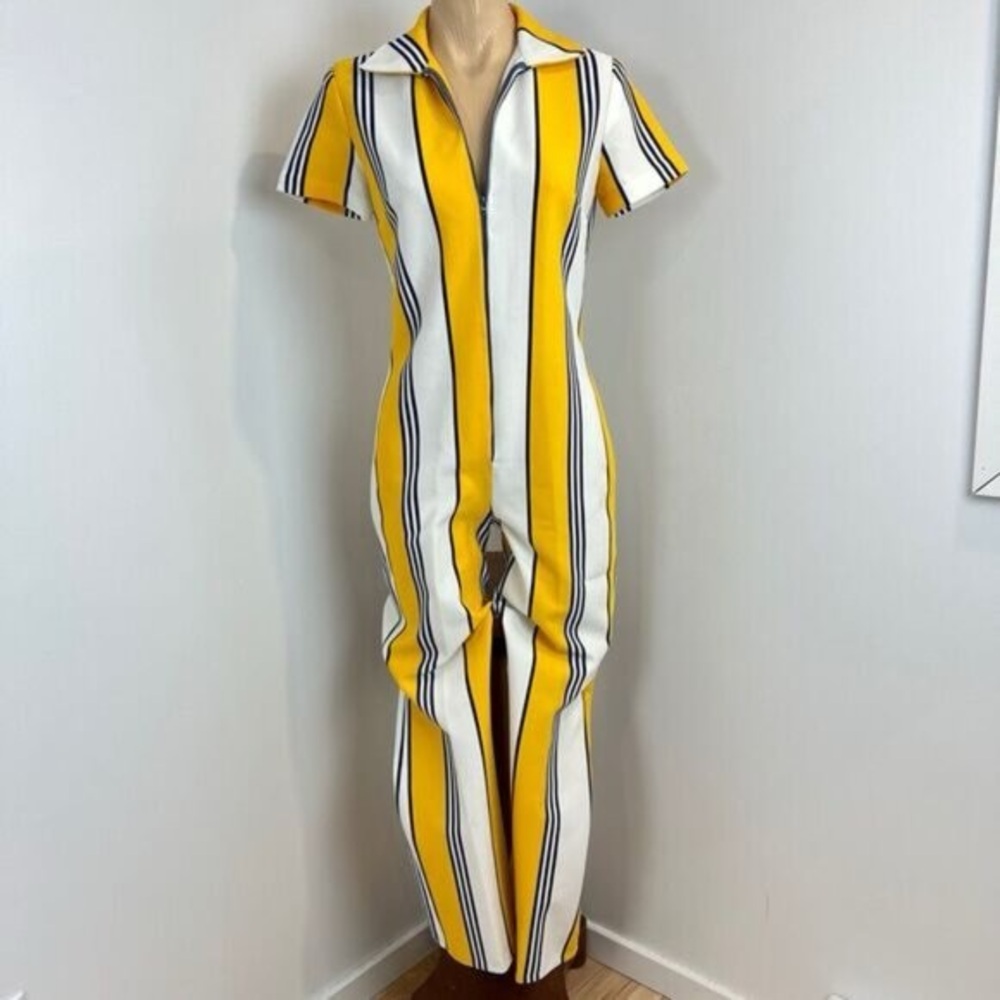VTG 70s Striped Womens Small Medium Yellow White Zip Jumpsuit Retro Festival